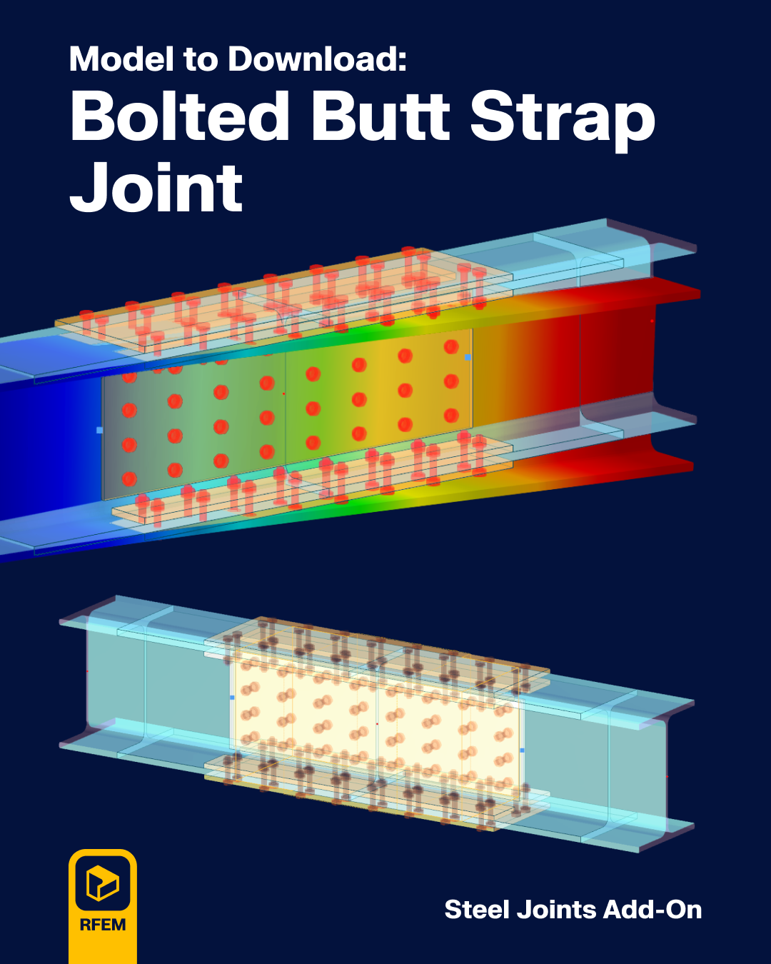 Vista 3D di un giunto a coprigiunto bullonato con elementi dettagliati di progetto della connessione.