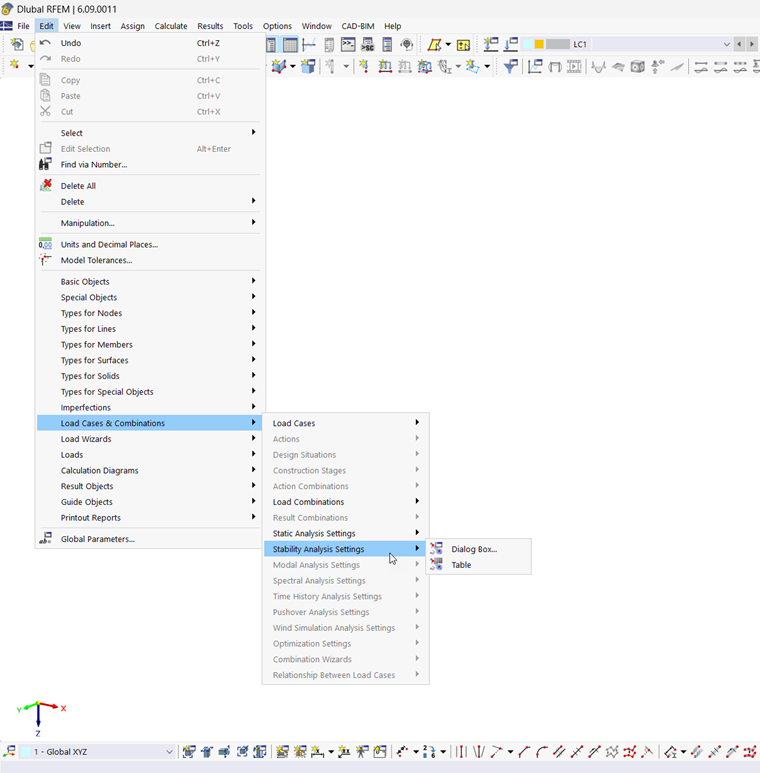 Vista della barra dei menu per la configurazione delle impostazioni di stabilità strutturale nel add-On.