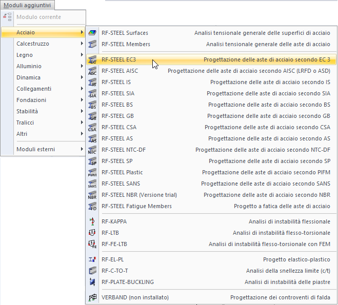 Appare il menu del modulo aggiuntivo Acciaio EC3
