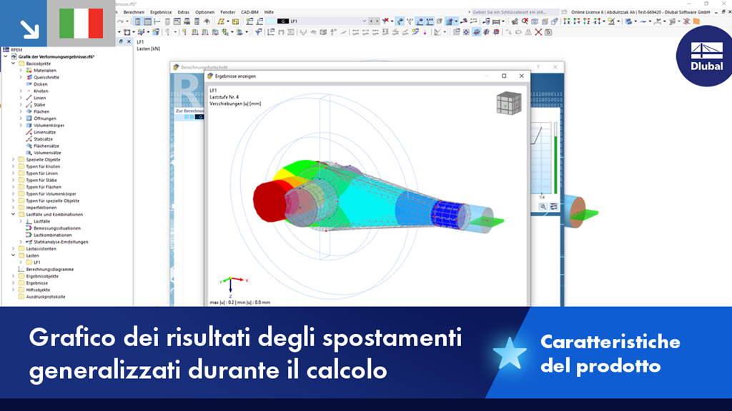 La grafica mostra i risultati della deformazione strutturale in un calcolo della struttura.
