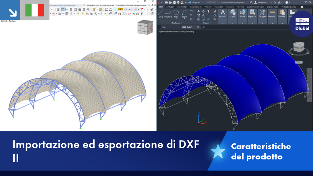 Visualizzazione delle opzioni di importazione ed esportazione DXF nel software con un modello di esempio.