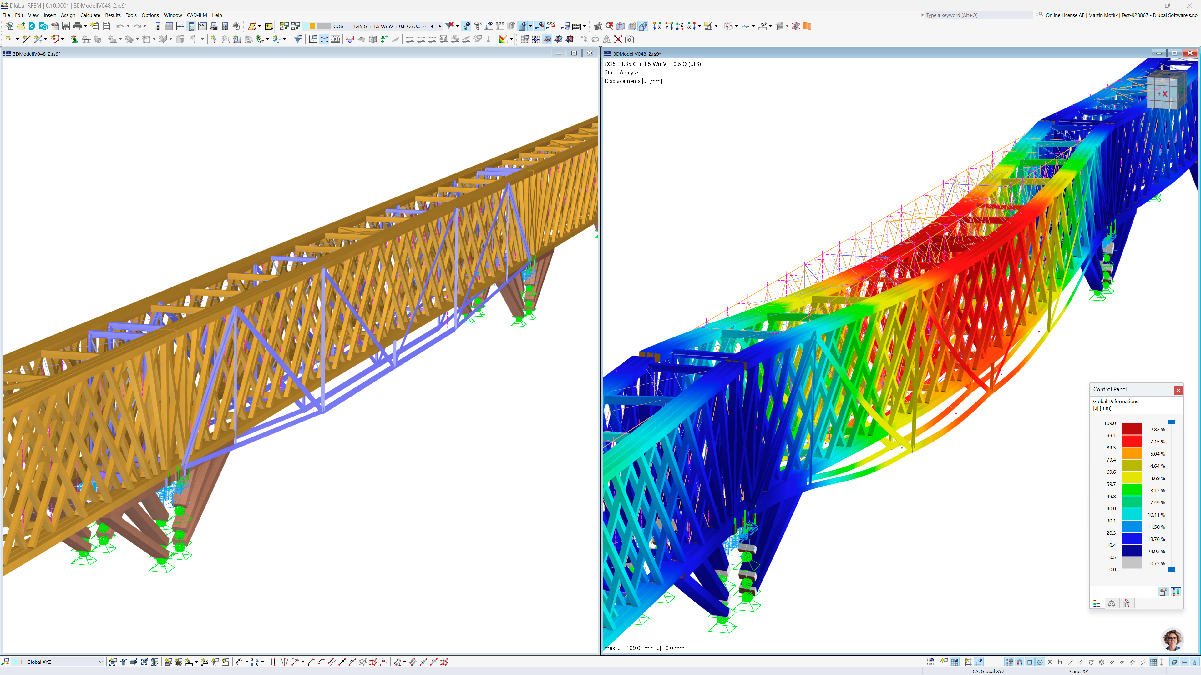 La struttura del ponte in legno mostra una deformazione massima al centro della seconda campata a causa di una specifica combinazione di carico.