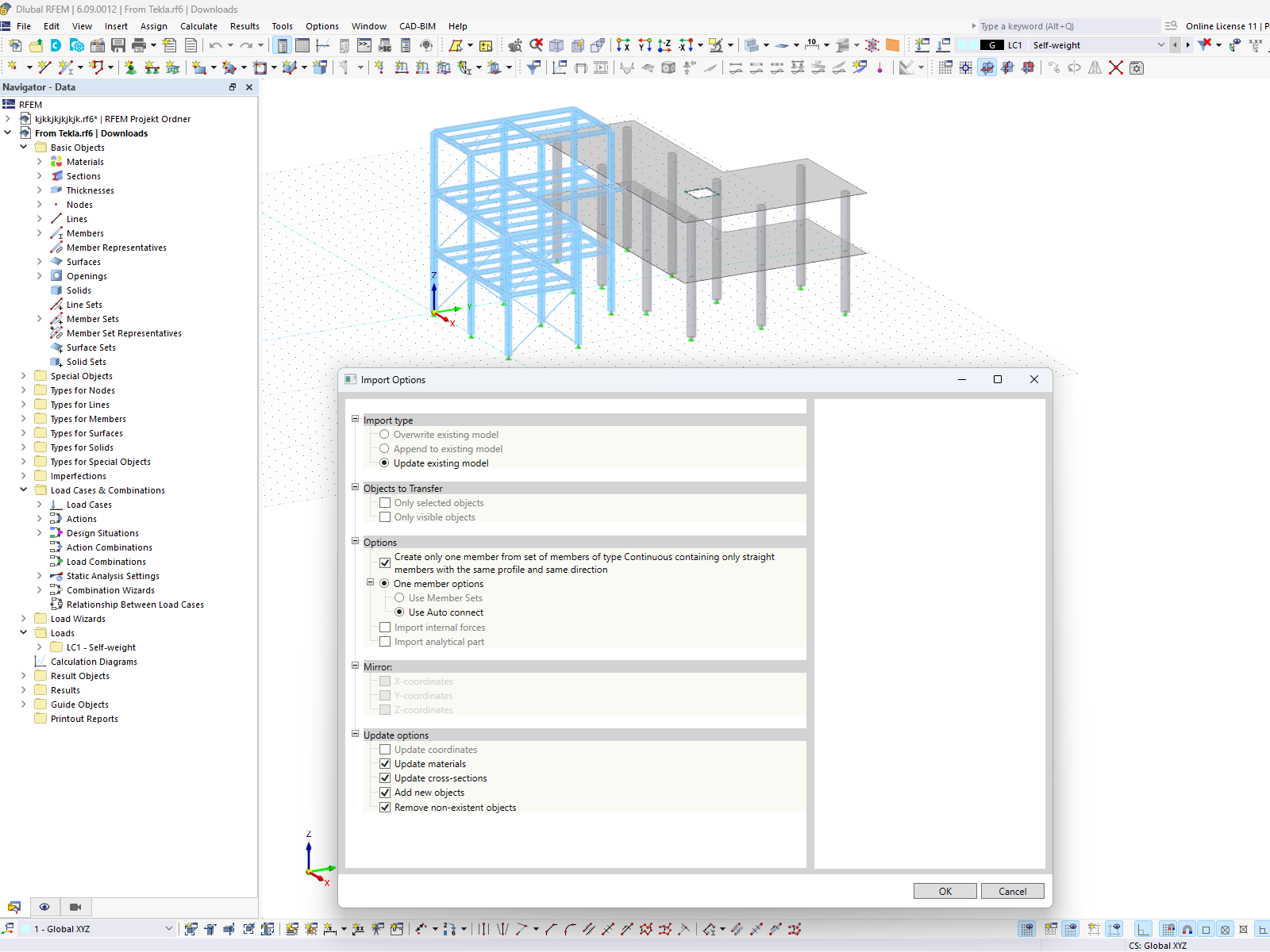 Visualizzazione della finestra di dialogo delle opzioni di importazione con le impostazioni di connessione tra RFEM 6 e Tekla Structures, con varie configurazioni di importazione.