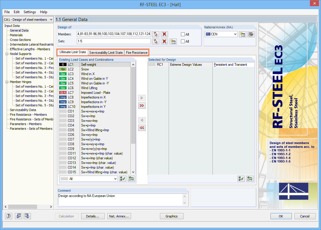 The RF-STEEL EC 3 add-on window in RFEM 5 displays settings for Eurocode 3 steel design.