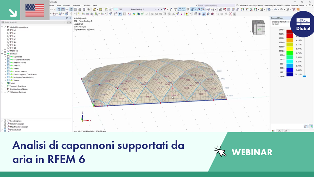 Webinar sull'analisi strutturale di una tensostruttura con air-support utilizzando le funzioni del software RFEM 6 per la modellazione e la valutazione dei carichi.