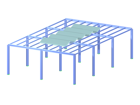 Modello 3D che illustra un'analisi dettagliata di una struttura di montaggio per copertura solare, incluse componenti strutturali e collegamenti.