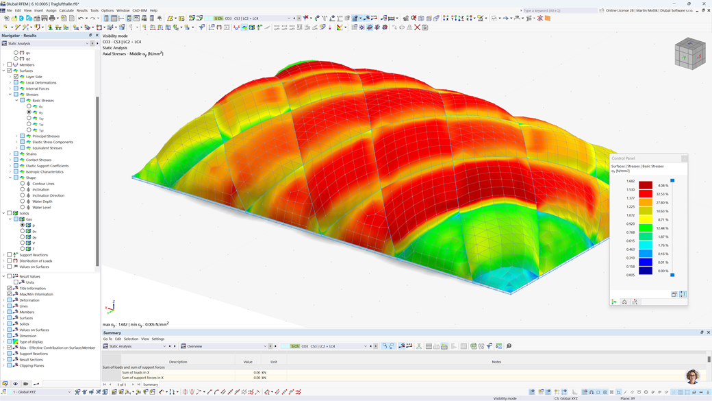 Tensostruttura con copertura di impianto sportivo, visualizzazione dell'analisi delle tensioni sulle superfici con l'add-on Form-Finding di RFEM 6.