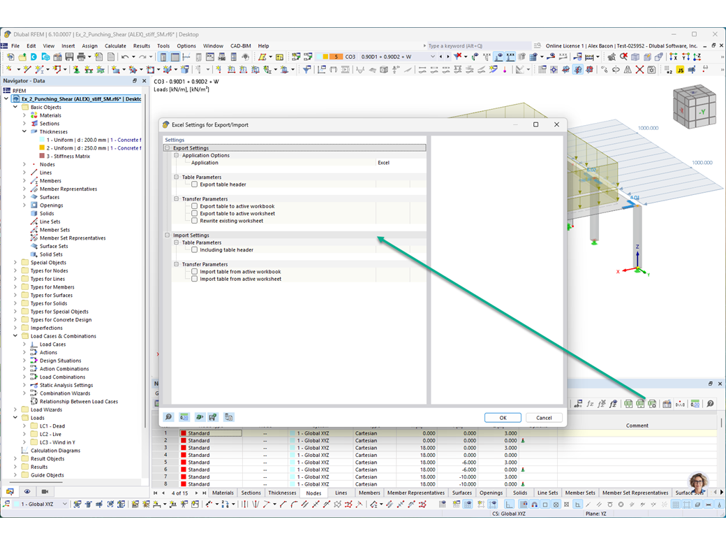 Impostazioni Excel per l'importazione e l'esportazione di dati strutturali e di carico tramite API