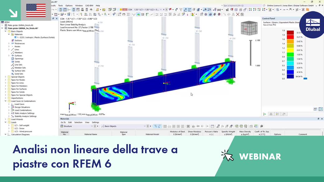 Screenshot da un seminario web che illustra l'analisi non lineare di travi a piastra utilizzando gli strumenti software RFEM 6.