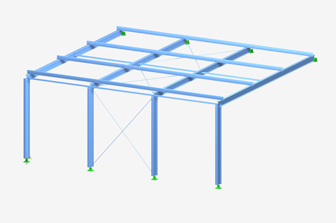 Il modello RFEM presenta un edificio addossato con tetto a una falda, ideale per lo stoccaggio, banchine di carico o ampliamenti di spazio per officine.