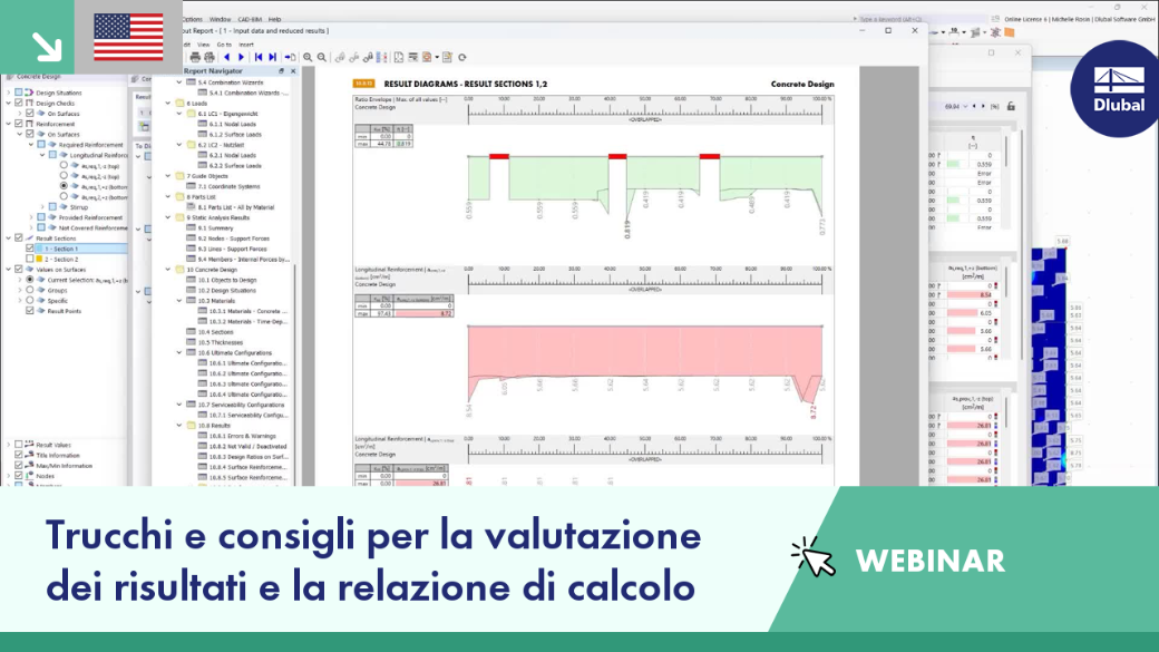 Sessione del Corso online su suggerimenti e trucchi per la valutazione dei risultati e relazione di calcolo presentata da un esperto di Dlubal.