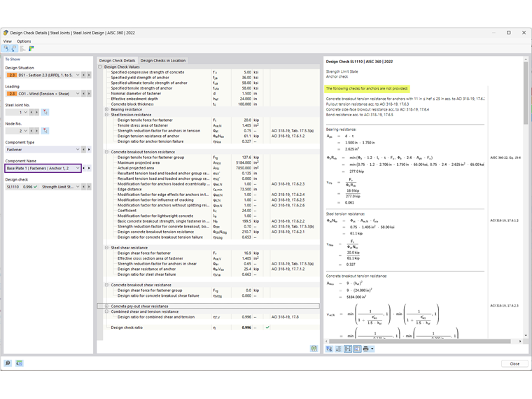 Analisi dettagliata delle verifiche degli ancoraggi ai sensi del AISC per trazione e taglio in RFEM 6.