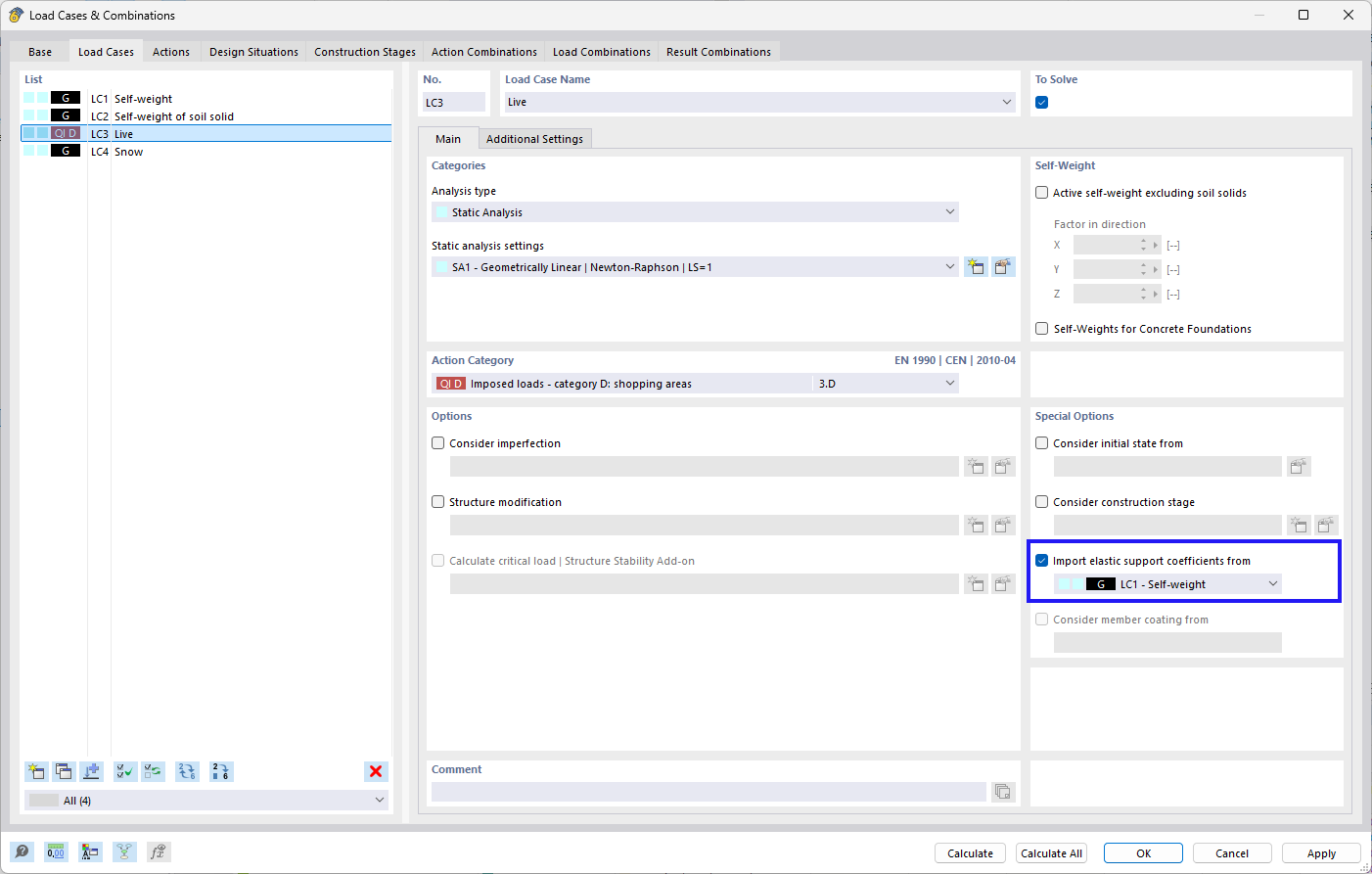 Assegnazione manuale per importare coefficienti elastici del vincolo | Interazione terreno-struttura | Coefficienti della reazione del sottofondo e combinazione di carico