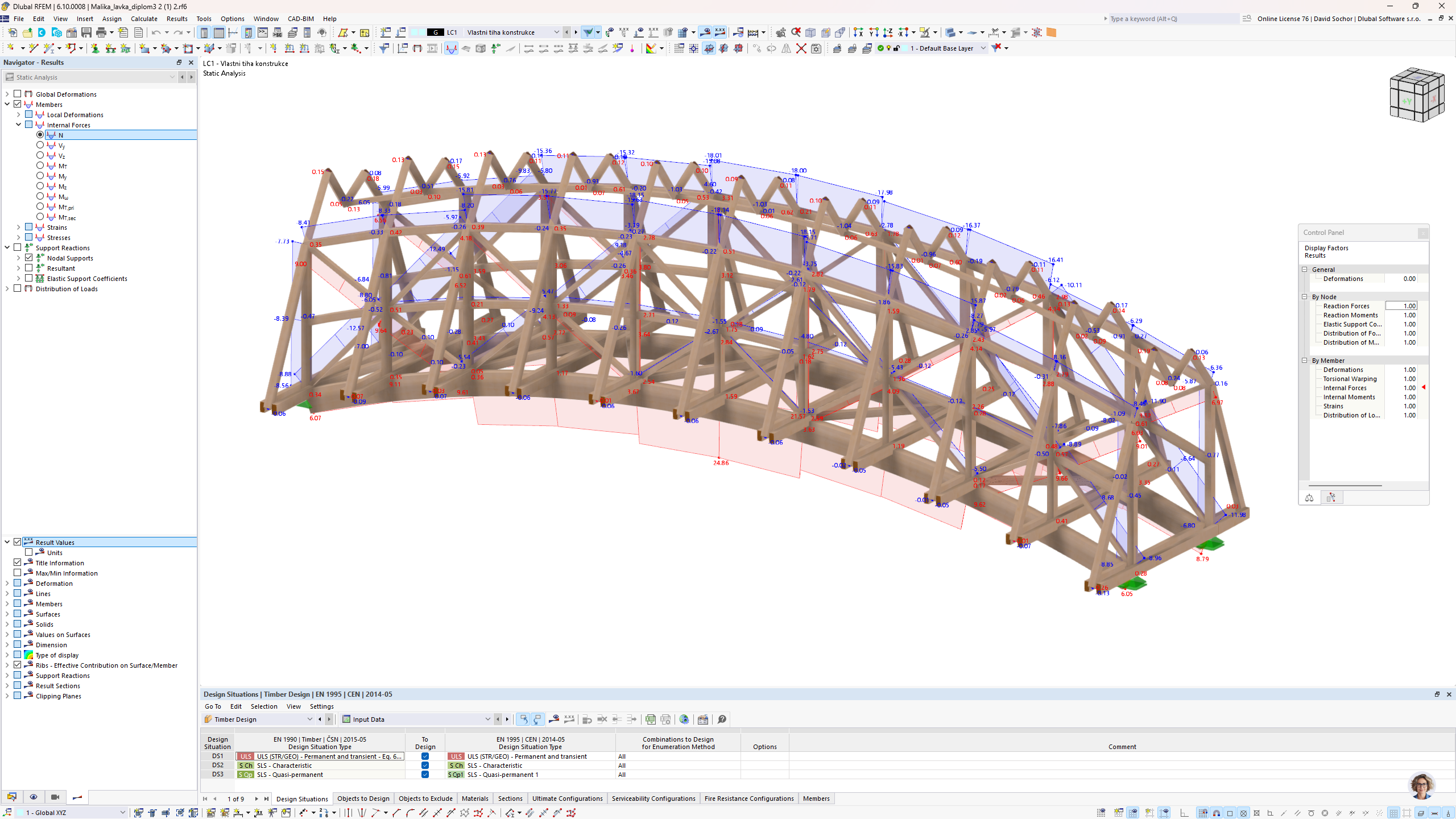 Rappresentazione visiva della distribuzione dello sforzo normale in un modello di passerella pedonale in legno analizzato con RFEM 6.