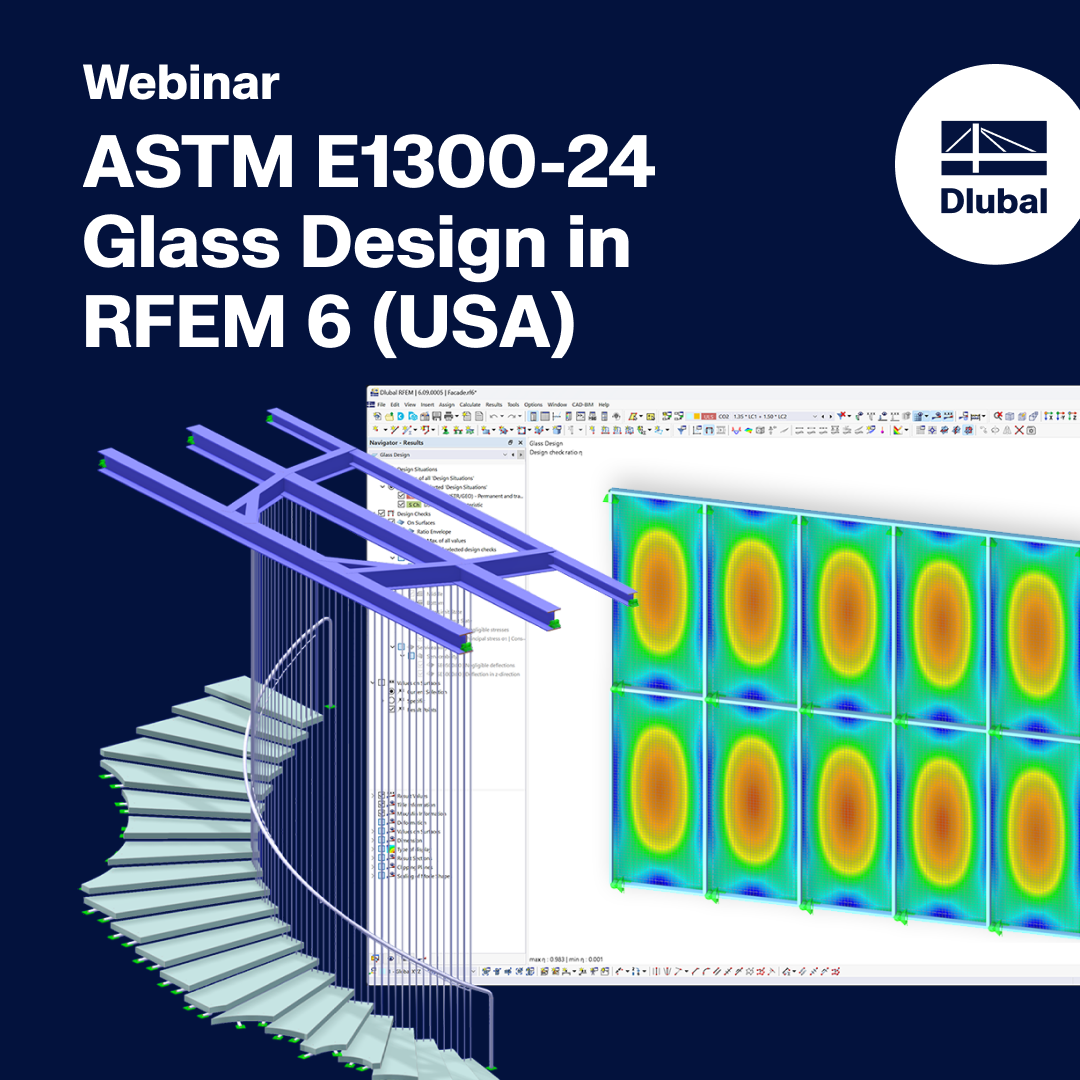 Informazioni sul webinar per la verifica vetro secondo ASTM E1300-24 in RFEM 6, con un focus sulle norme statunitensi.