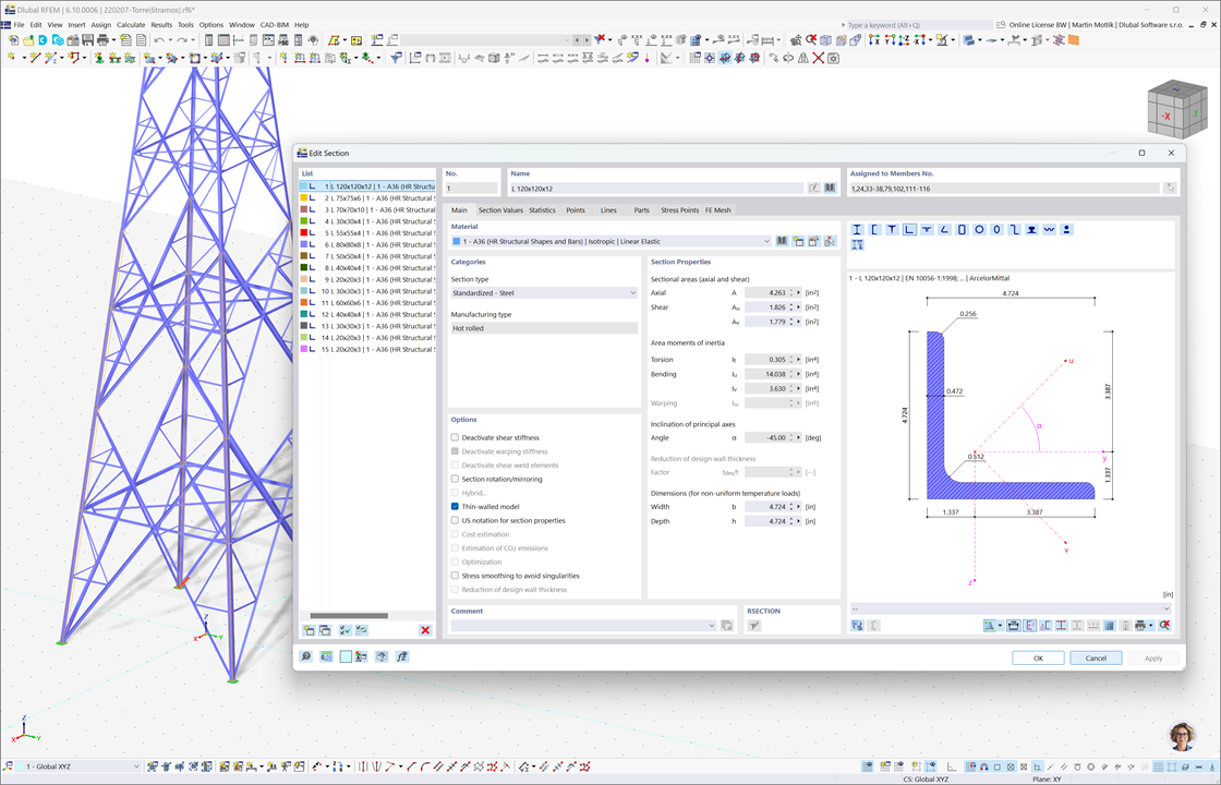 Finestra di dialogo che mostra la configurazione della sezione in acciaio per una trave reticolare nel software RFEM 6.
