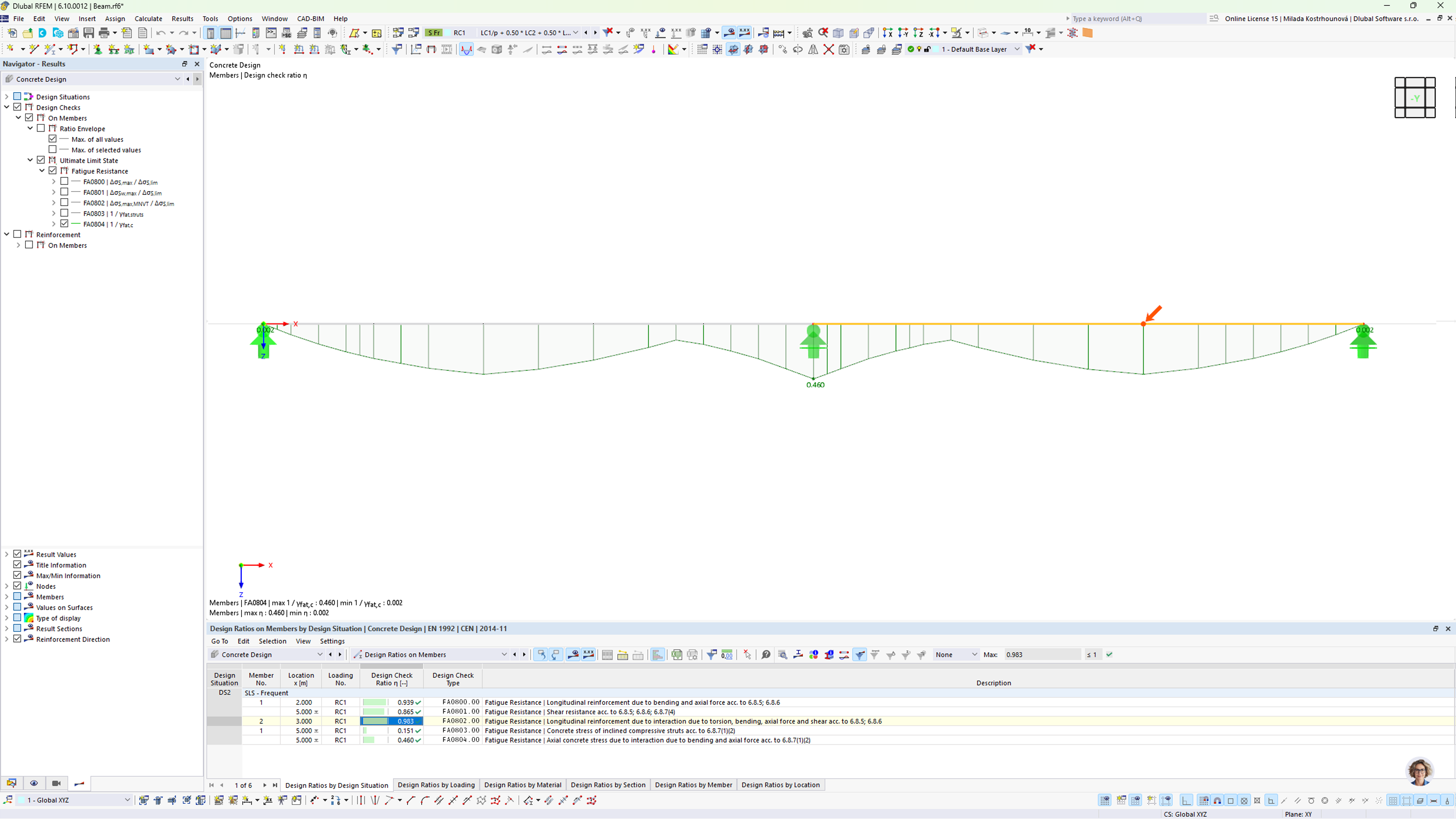 Visualizzazione dettagliata della verifica calcestruzzo con requisiti di progetto, dati di input e risultati, verifica SLU e SLU.