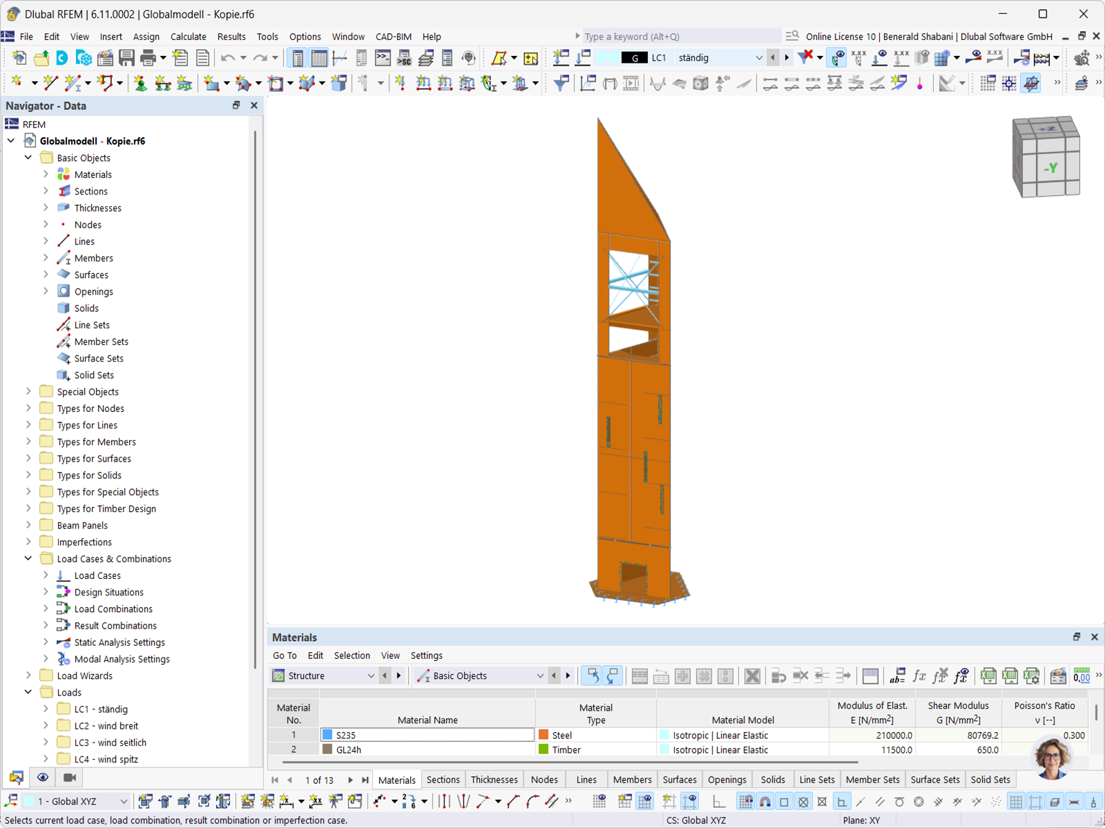 Modello RFEM 6 del campanile di legno, progettato dallo studio di ingegneria Wirth Haker.