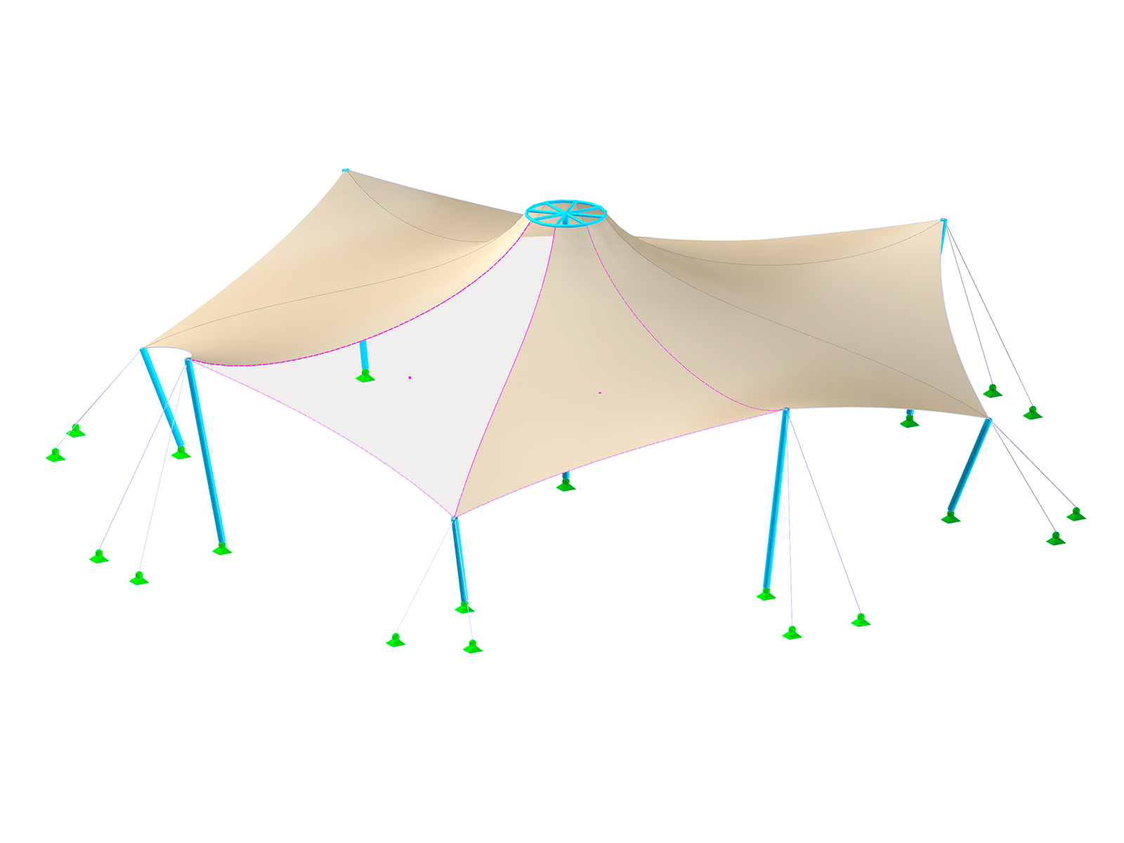 Vista dettagliata di una struttura a membrana che mostra l'add-on Tagli di modelli in RFEM 6 con una visualizzazione chiara delle linee di taglio.
