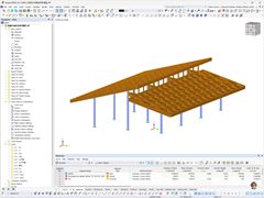 Rappresentazione 3D di una copertura reticolare in legno sostenuta da colonne in acciaio, progettata da Shanghai Zhenyuan Timber Structure Design Engineering Co., Ltd.