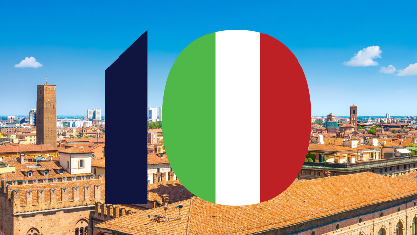 Grafica promozionale per il 10° anniversario della filiale Dlubal Software in Italia a Bologna
