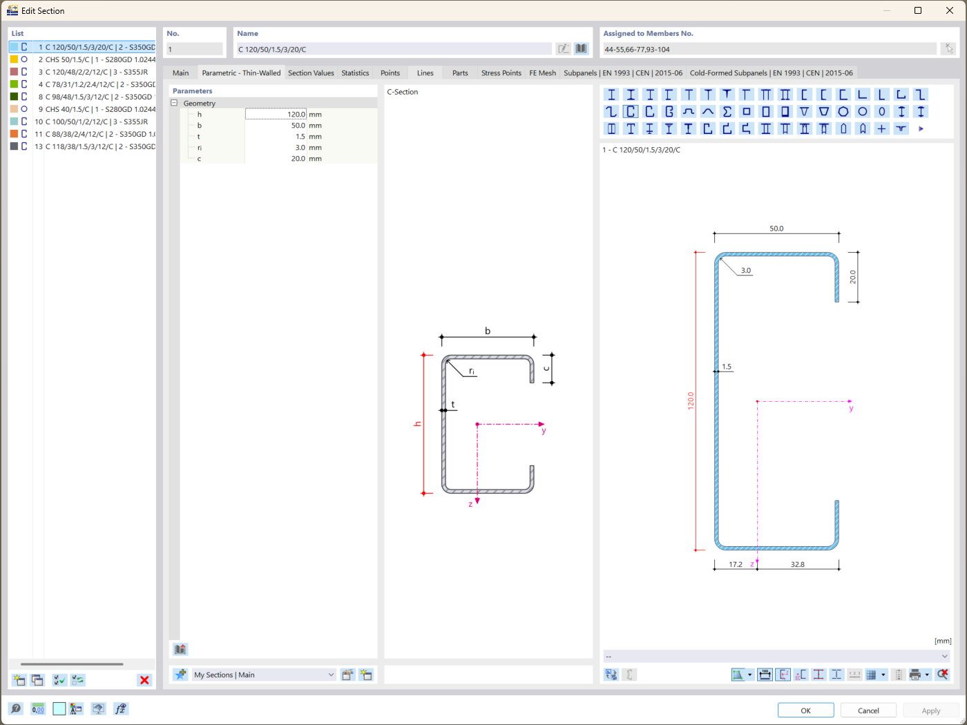 Sezione parametrica a parete sottile in RFEM 6 che illustra un editor della sezione in acciaio formata a freddo per analisi di instabilità.
