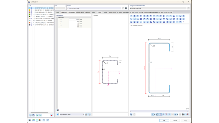 Sezione parametrica a parete sottile in RFEM 6 che illustra un editor della sezione in acciaio formata a freddo per analisi di instabilità.