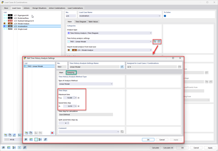 Vista delle impostazioni per il modulo di analisi in funzione del tempo, che mostra i parametri configurabili e le opzioni.