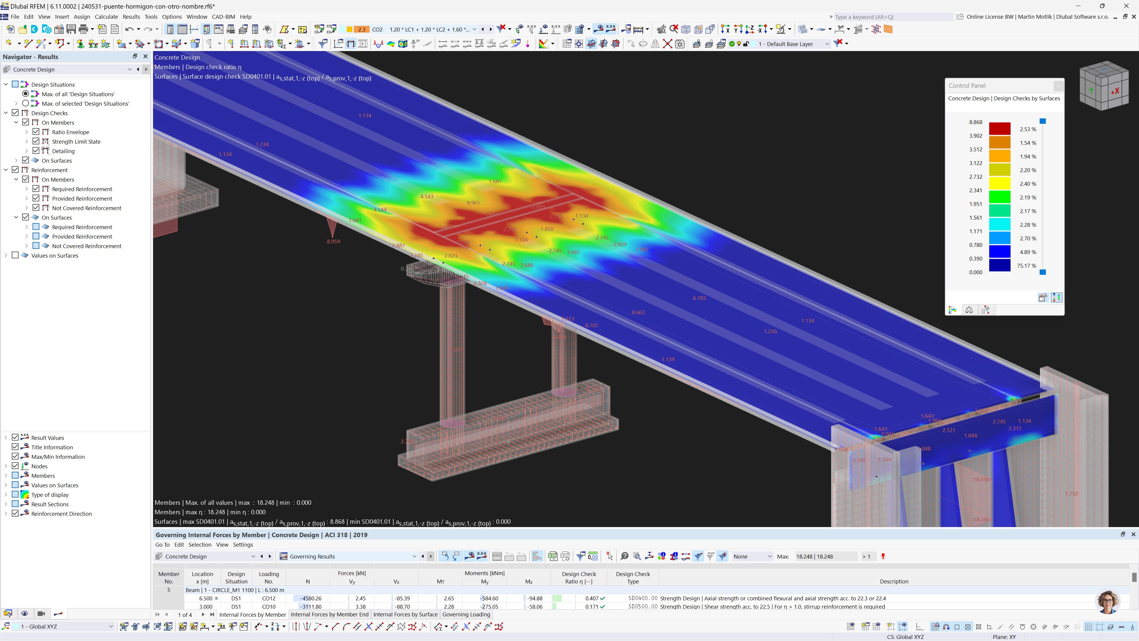 Modello RFEM di un ponte in cemento armato con verifiche della progettazione delle superficie evidenziate utilizzando il add-on Verifica calcestruzzo.