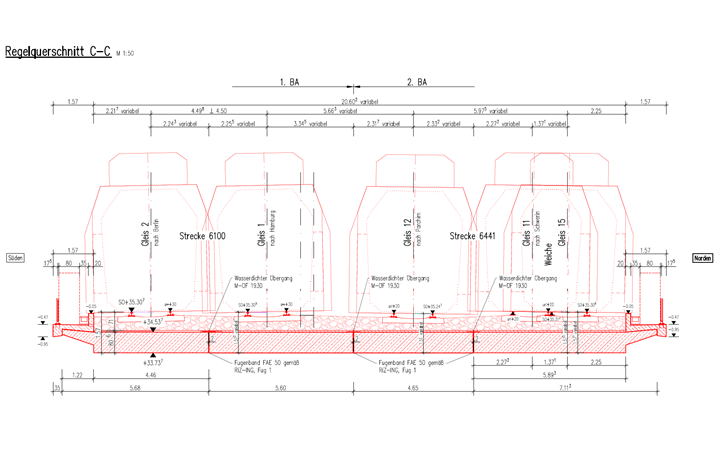 Disegno tecnico della sezione standard di un ponte progettato da Obermeyer Holding GmbH.