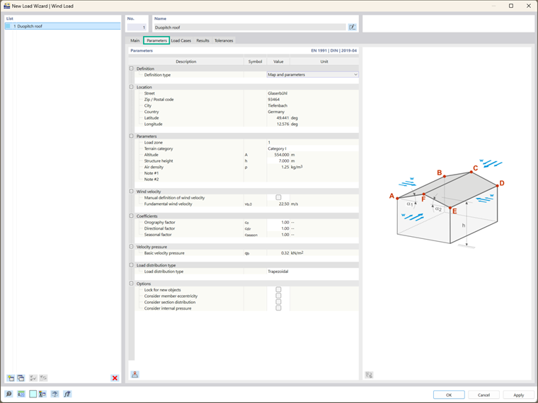 Parametri del carico del vento generati automaticamente visualizzati con lo strumento Wind Load Wizard nel programma.