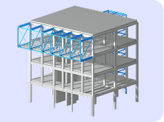 Visualizzazione della verifica di un edificio in calcestruzzo in RFEM 6, con distribuzione complessa dei carichi e valutazione dell'integrità strutturale
