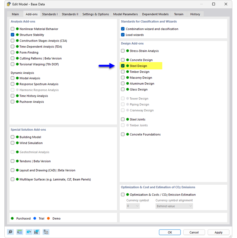 Attivazione dell'add-on 'Verifica acciaio'