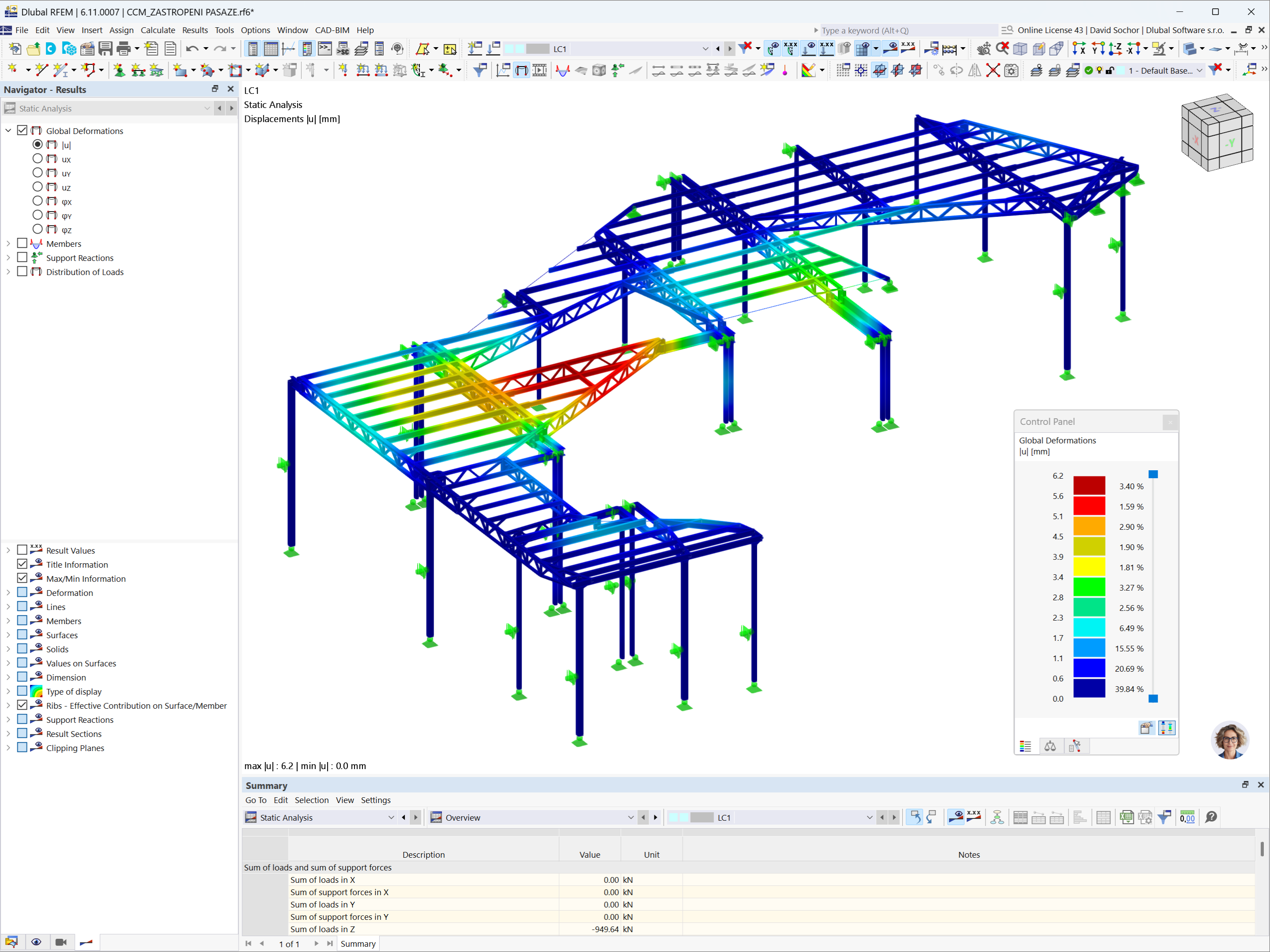 Risultati di un'analisi di stabilità della struttura di copertura progettata per il Centrum Černý Most, come modellata in RFEM 6