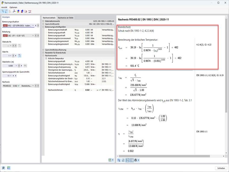 L'immagine mostra i risultati in RFEM 6 - Add-on Verifica acciaio, Dettagli di verifica per la temperatura critica del componente