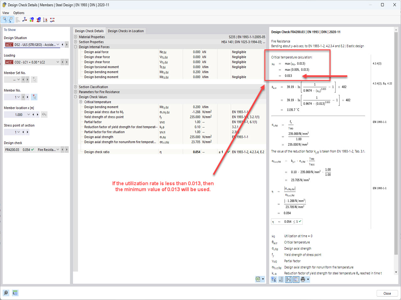 La figura mostra la verifica della temperatura critica del componente nell'add-on Verifica acciaio per RFEM 6, configurazione di resistenza al fuoco.
