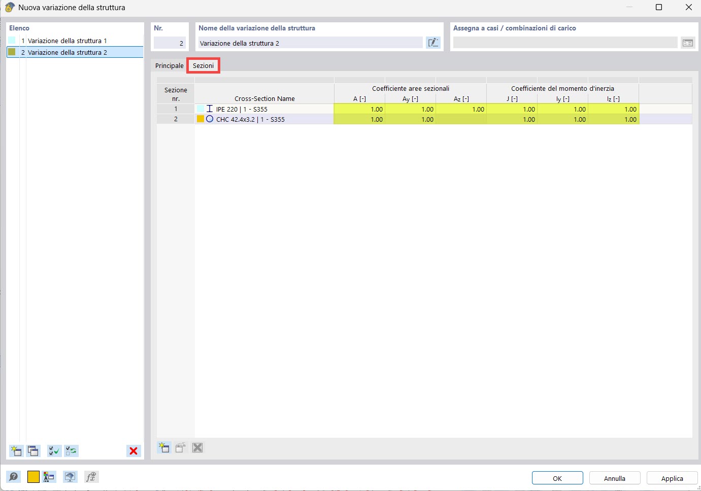 Variazione della struttura | Sezioni trasversali | Modifica rigidezze