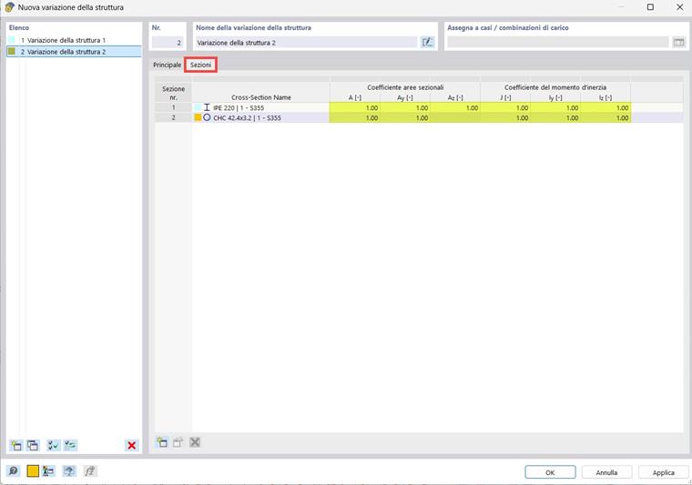 Variazione della struttura | Sezioni trasversali | Modifica rigidezze