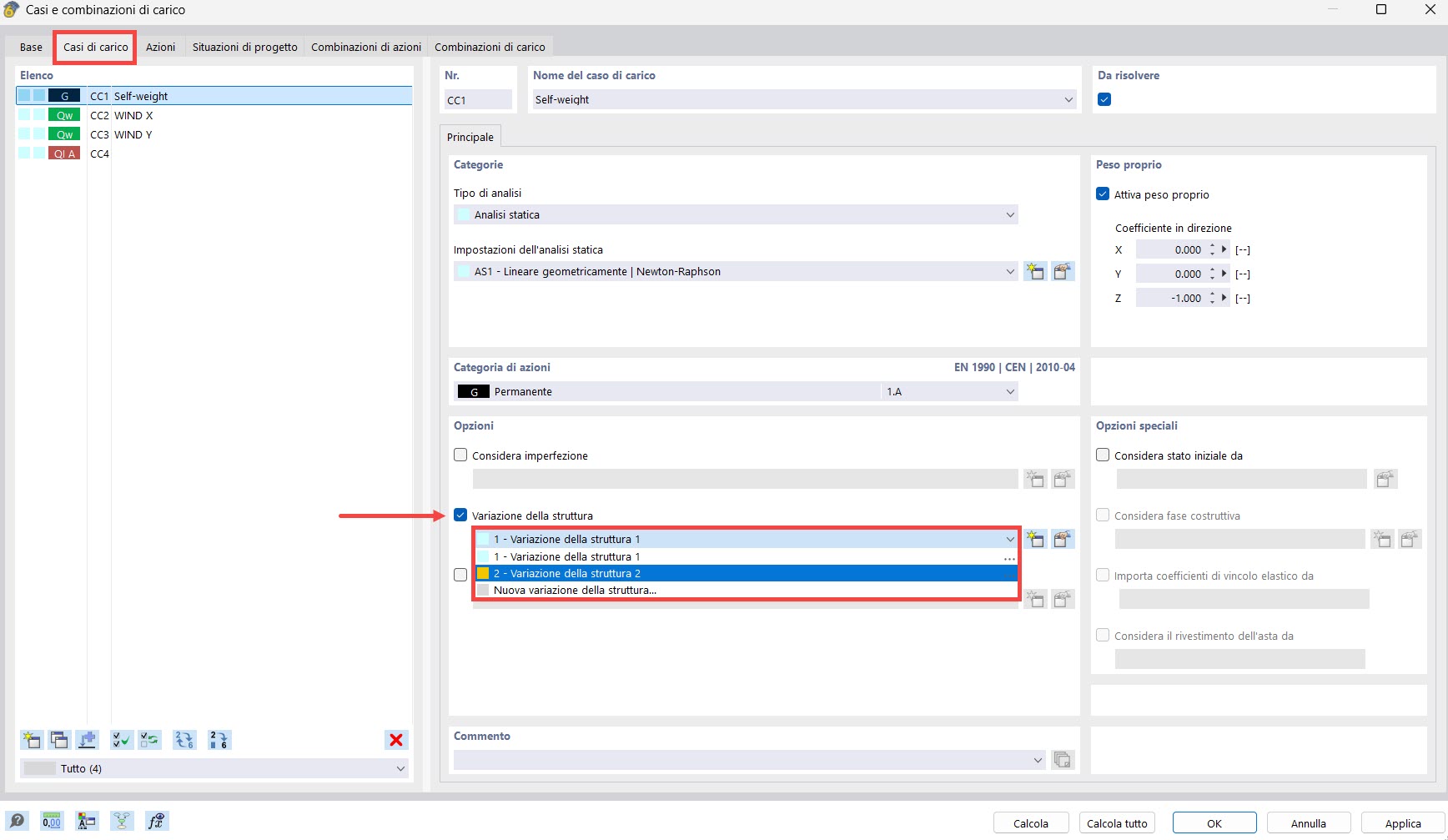 Casi e combinazioni di carico | Variazione della struttura