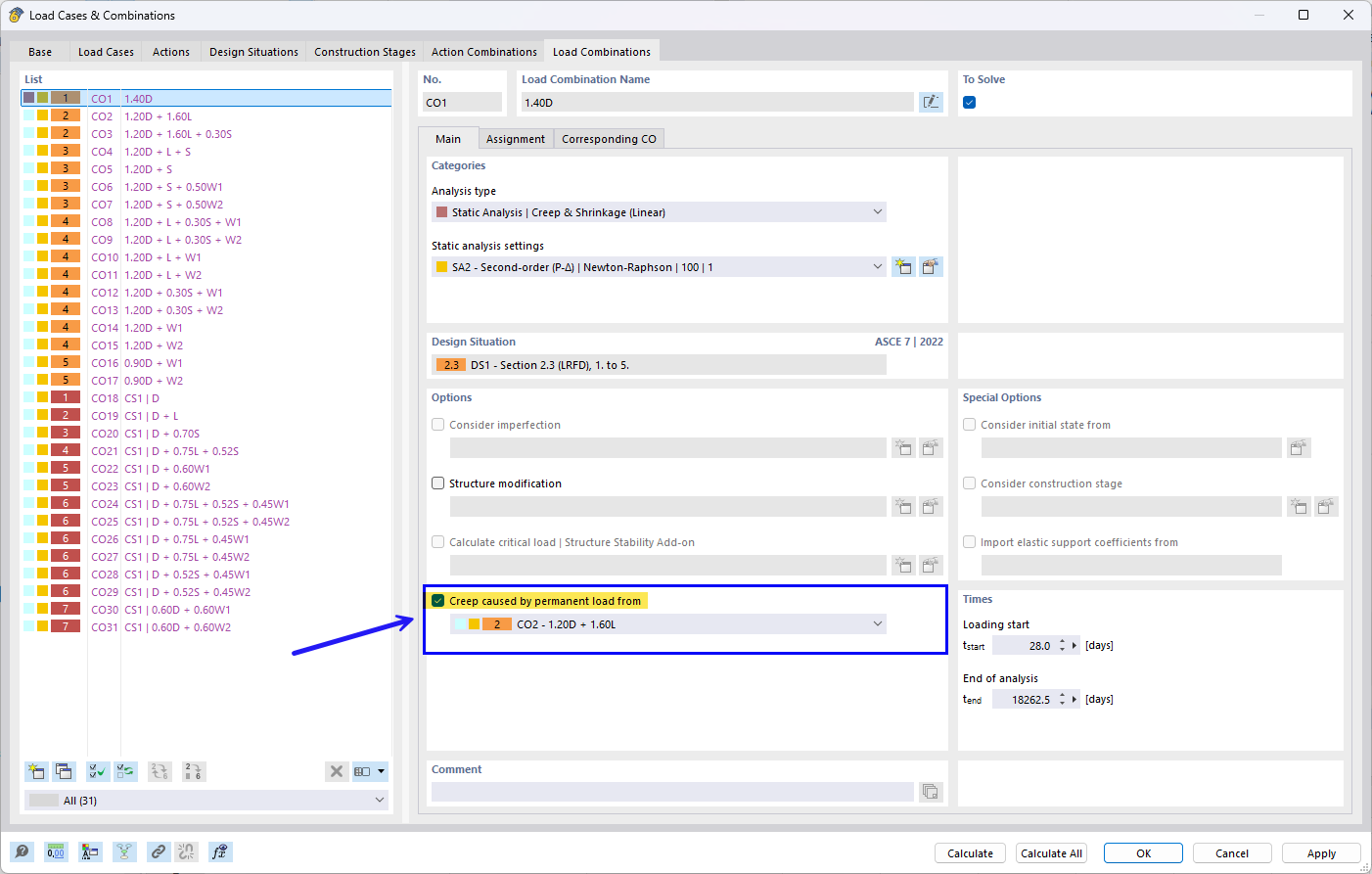 Opzione per fluage lineare: "Disattiva fluage dal carico permanente"