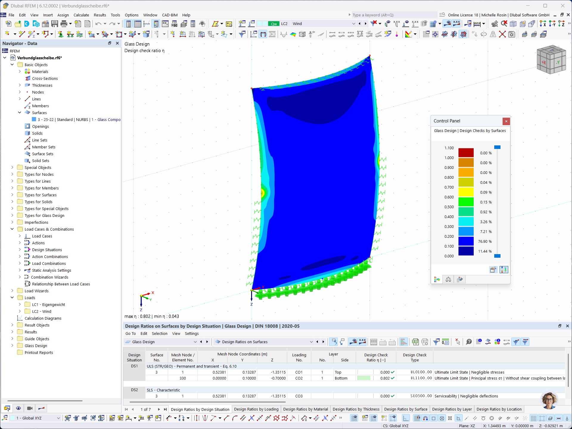 Visualizzazione di una superficie NURBS con attenzione alla Verifica di strutture di vetro in RFEM.