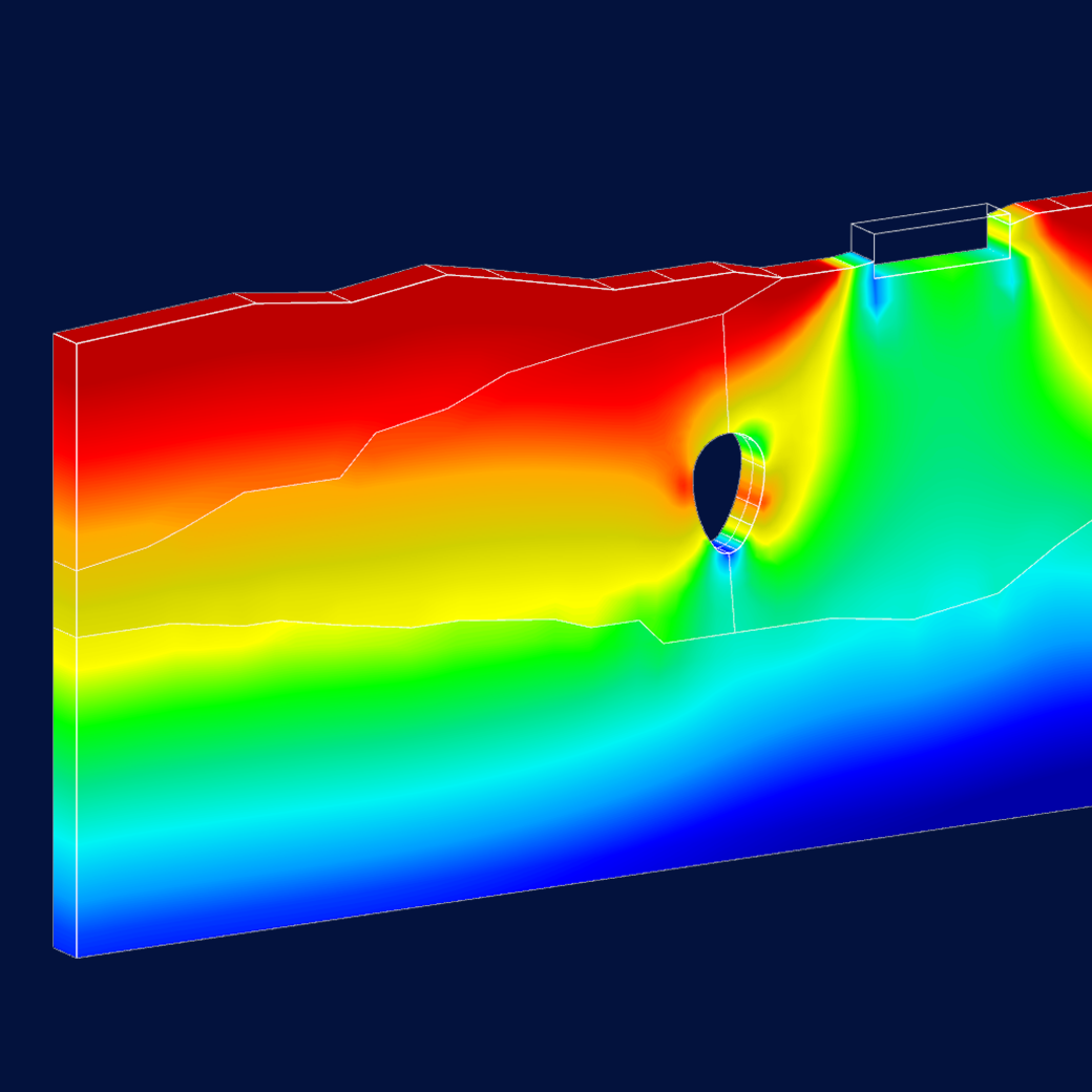 Vista dettagliata di un modello di analisi strutturale di più piani con elementi codificati a colori che indicano la distribuzione del carico e i livelli di tensione in un ambiente 3D.