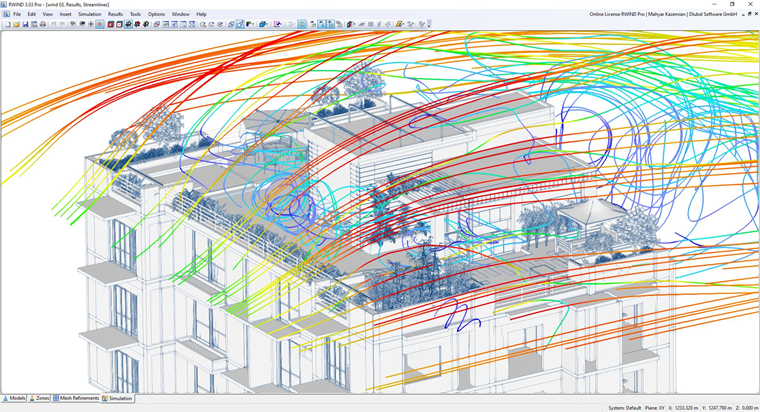 Visualizzazione a linee di flusso di un flusso di vento su strutture di copertura in RWIND