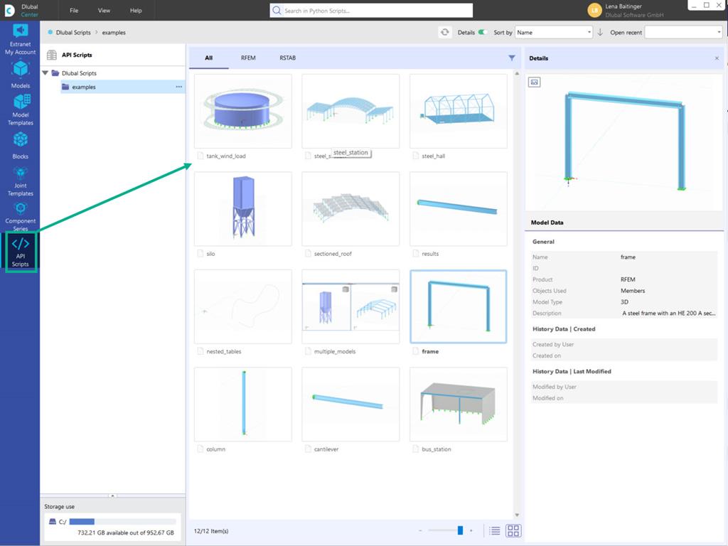 Vista dettagliata di un capitolo nel Dlubal Center con esempi di script API