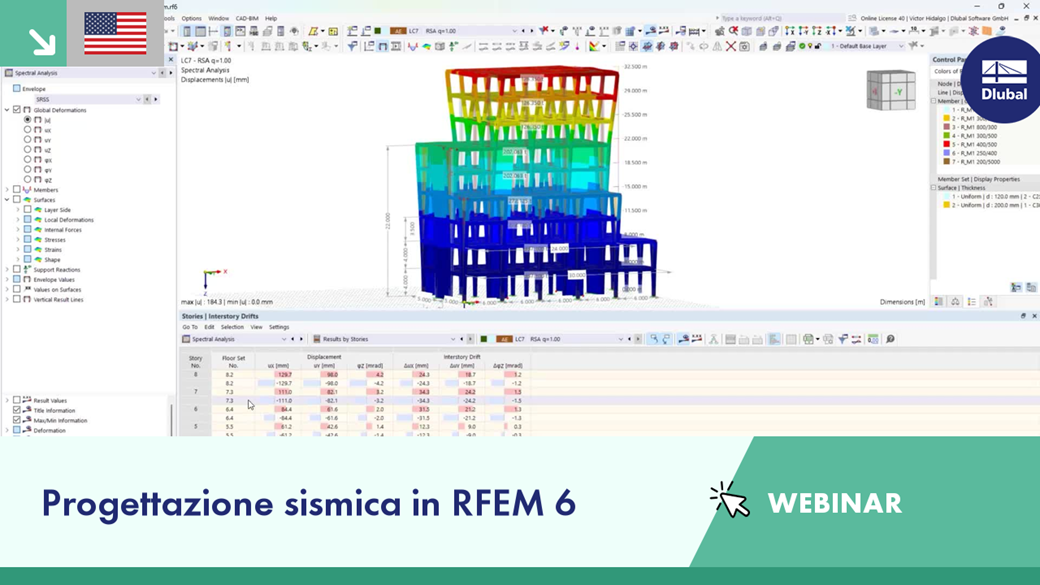 Interfaccia di RFEM 6 che mostra le caratteristiche della progettazione sismica per l'analisi strutturale.