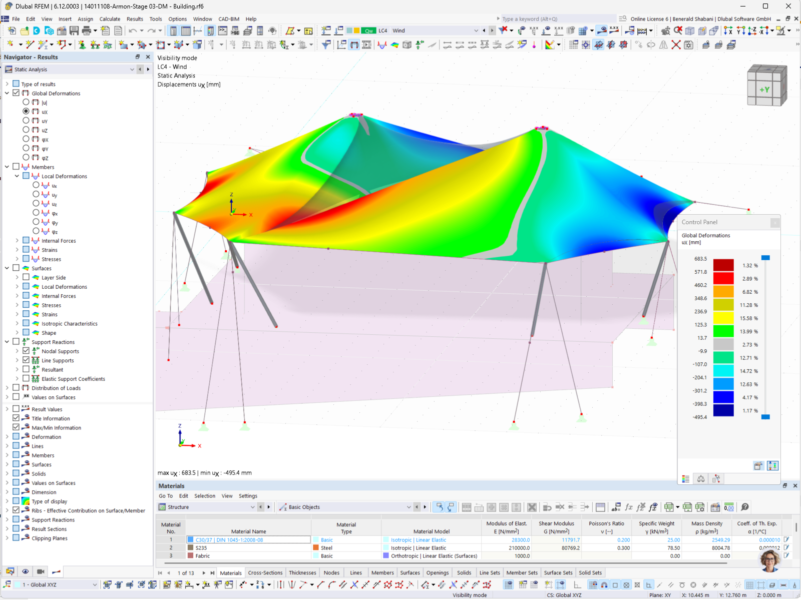 Analisi di una copertura a membrana sotto carico vento in RFEM con risultati