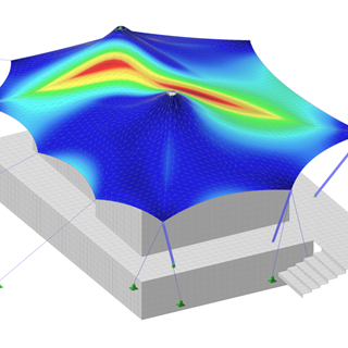 Illustrazione di un moderno sistema di copertura in membrana progettato con strumenti avanzati di analisi ingegneristica.