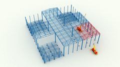 La visualizzazione mostra la fase costruttiva di un edificio con gli elementi del tetto già posizionati.