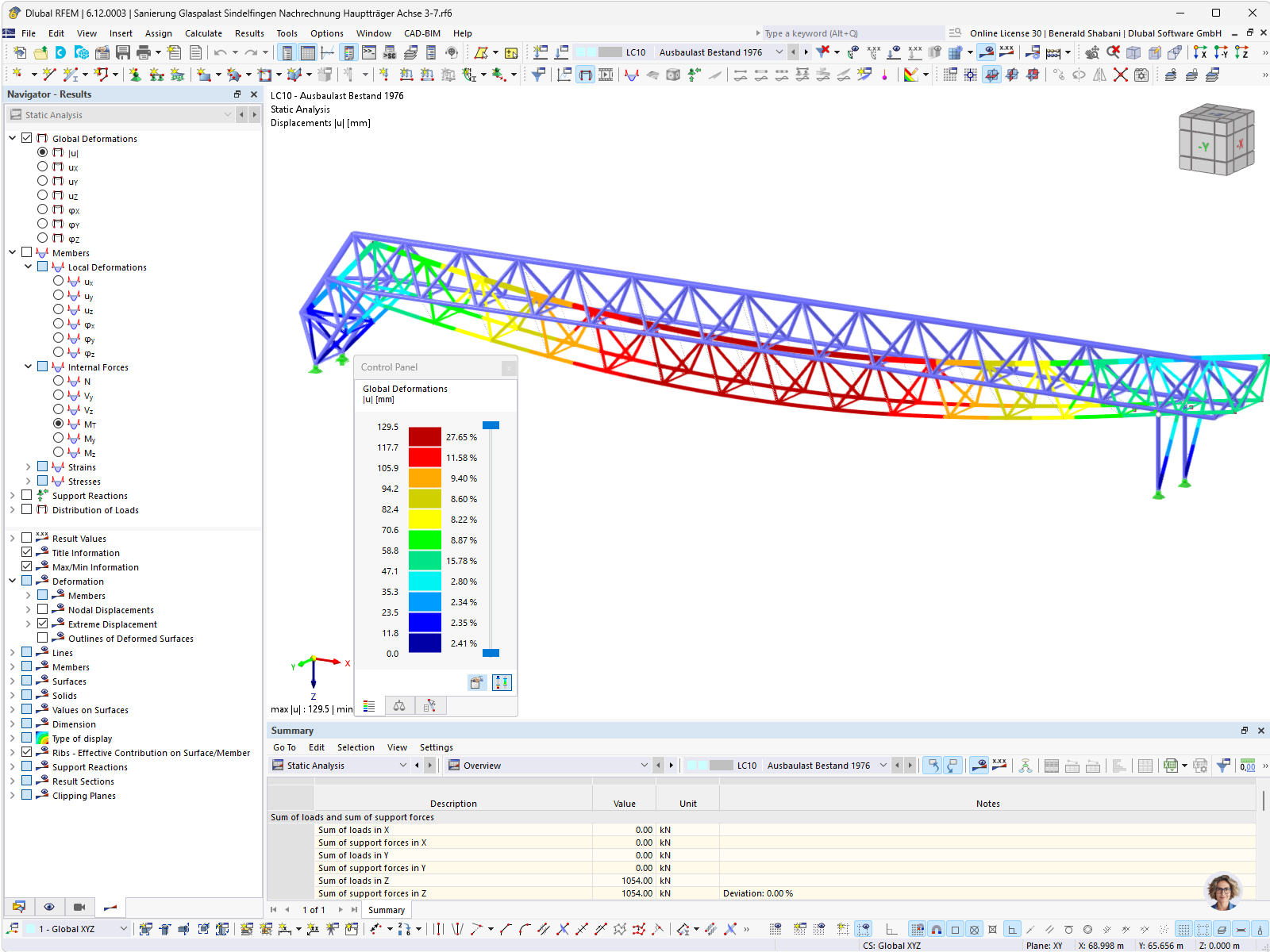 Visualizzazione dello spostamento generalizzato della struttura della copertura del Glass Palace in RFEM attraverso IBK Prof. Kirsch.