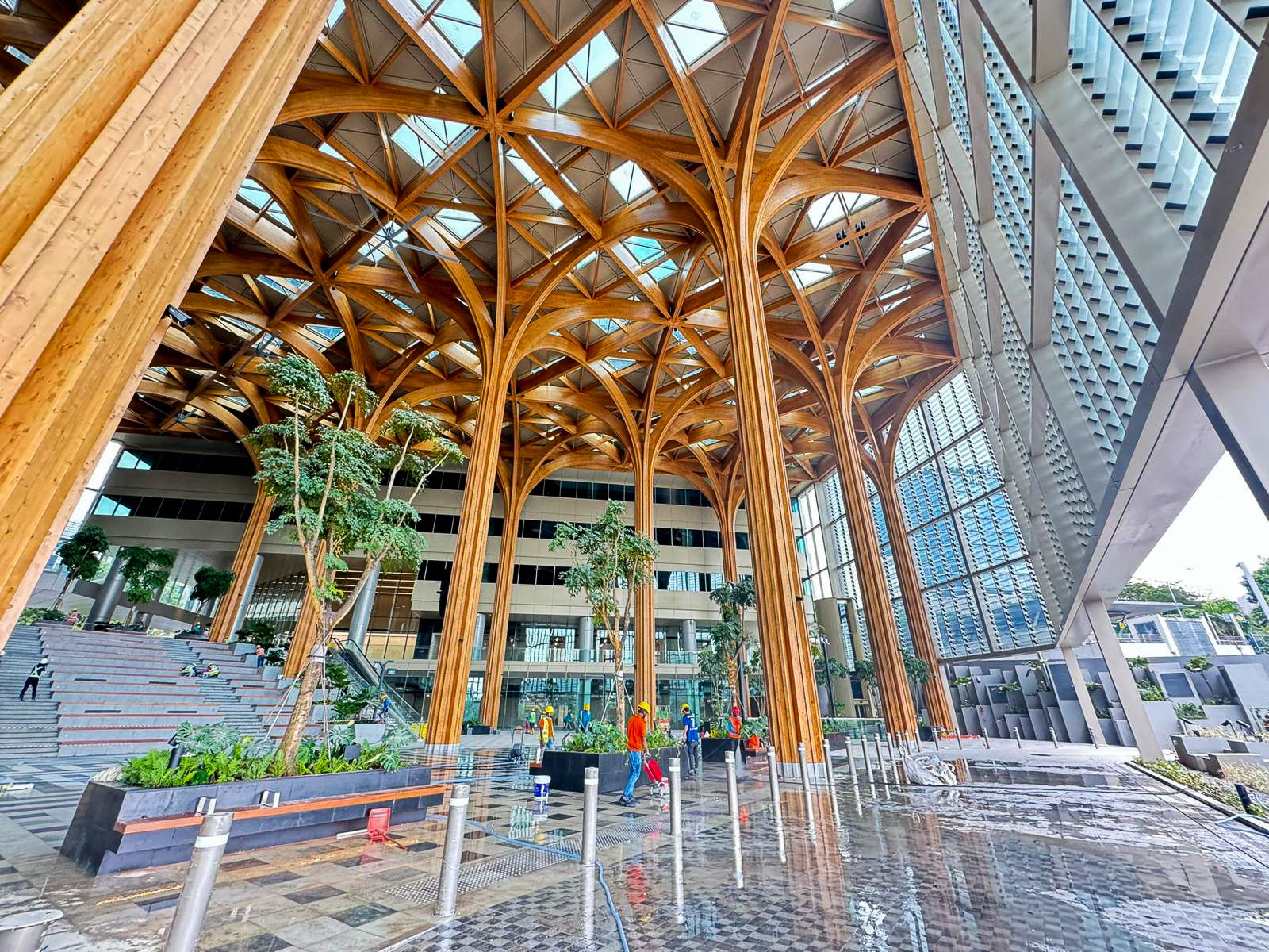 Il Sprint Canopy a Singapore, progettato da Ergodomus, è alto 27 metri e copre una superficie di 3.000 m², diventando la tettoia in legno massiccio più alta dell'isola.